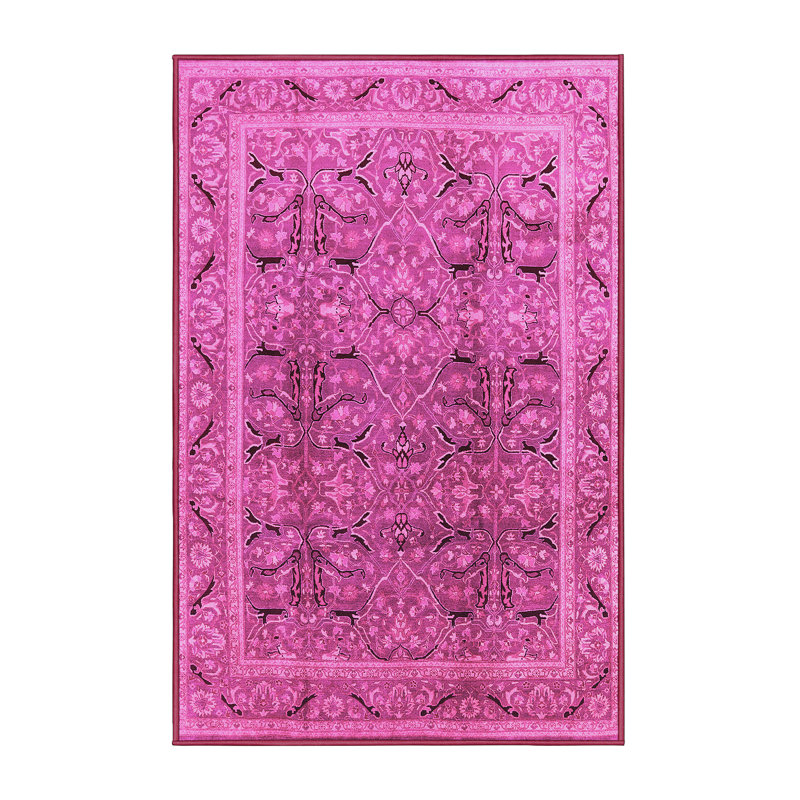 Tapis oriental en laine / polyester tissé à la machine en rose, Rectangle 7 pi x 9 pi