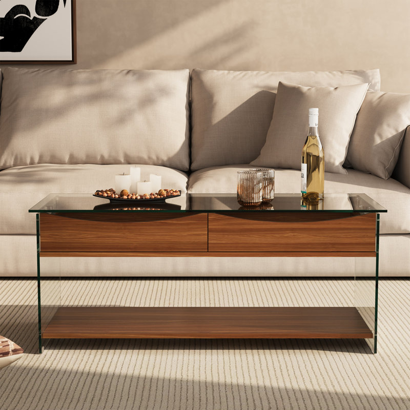 43'' W Rectangular Coffee Table with Tempered Glass Top, Walnut Finish, Drawers & Open Shelf