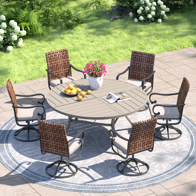 6-Person 50" Round Outdoor Dining Set With Cushioned Swivel PE Rattan Dining Chair, Beige