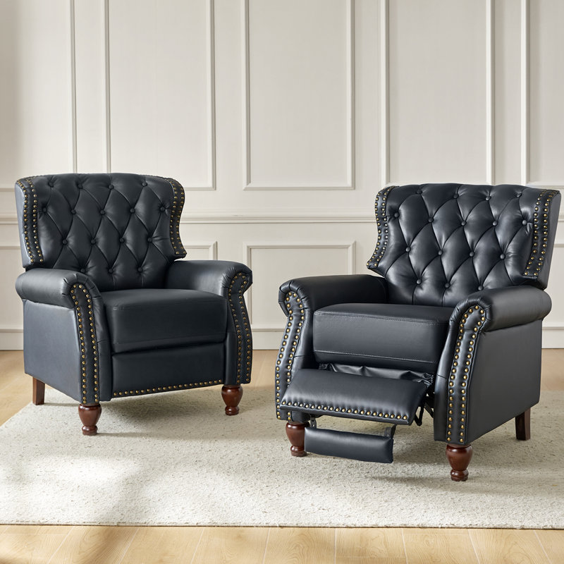 Amaira 34.5'' Wide Genuine Leather Manual Wing Chair Recliner (Set of 2), Navy 