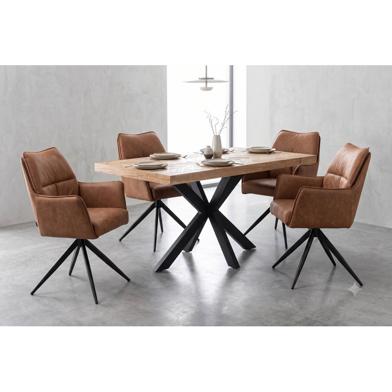 Modern 140cm Solid Wood Dining Table & 4 Brown Faux Leather Chairs - 5 piece Dining Table Set