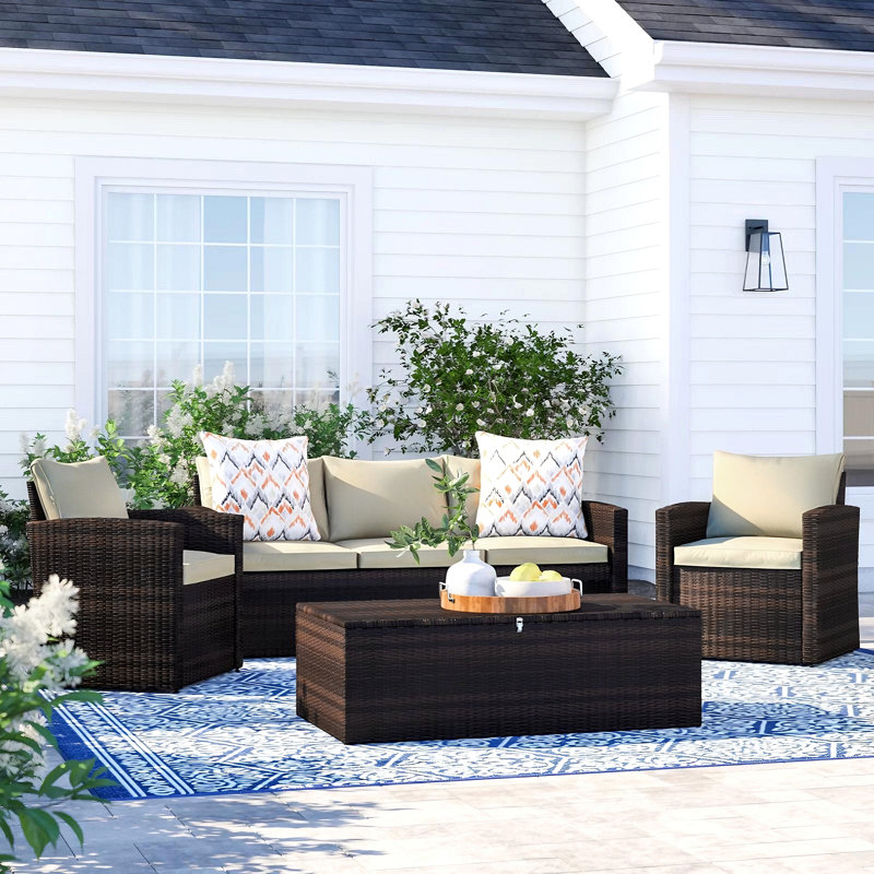 Arlington 5-Person 4-Piece PE Wicker Patio Conversation Set with Cushions and Storage Table, Beige