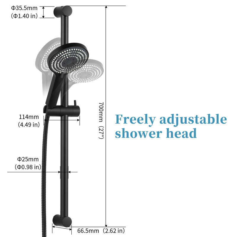 Shower Slide Bar Combo, Adjustable 27-Inch Slide Bar With 6-Mode, Matte Black