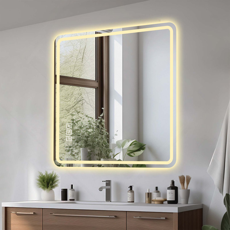 36*36In LED Bathroom  Anti-Explosion Glass Mirror, Rust-Resistant, Anti-Fog Features, Tri-Color Changing, Ideal For All Bathroom Decors