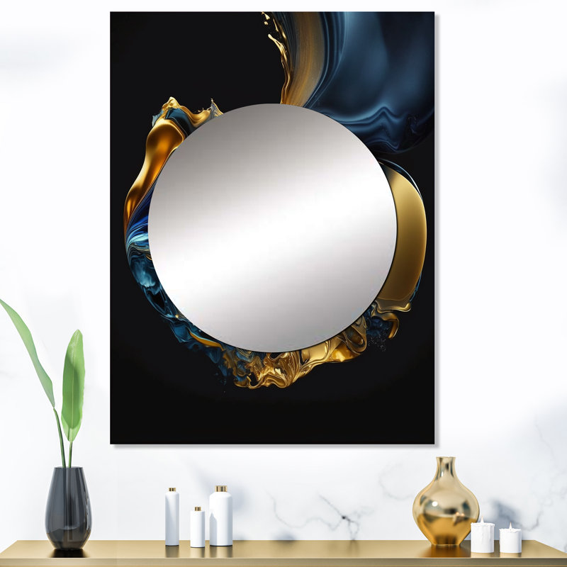 «Sylinda», marbre abstrait géode bleu et or - miroir mural unique à encre liquide, miroir bleu, reproduction d'art en métal