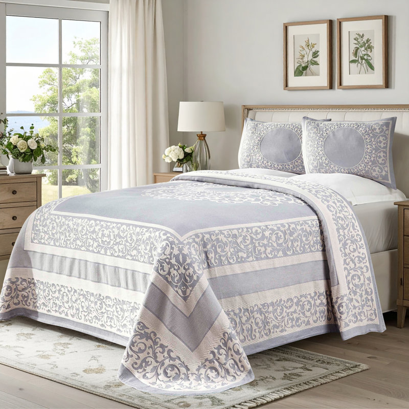 Fifer Lightweight Cotton Blend Oversized Jacquard Farmhouse Mandala Bedspread Set, Slate Blue, Queen
