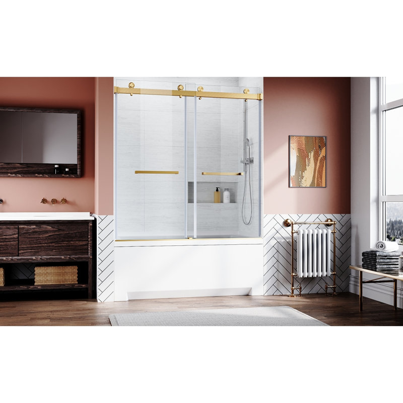 Frameless Sliding Bathtub Door 5660 In.W X 62 In.H,Bypass Tub Glass Sliding Shower Doors,3/8"(10Mm) Thick Clear Tempered Glass,Heavy Duty Stainless Steel Hardwares,2Pcs Rectangle Handles,Brushed Gold