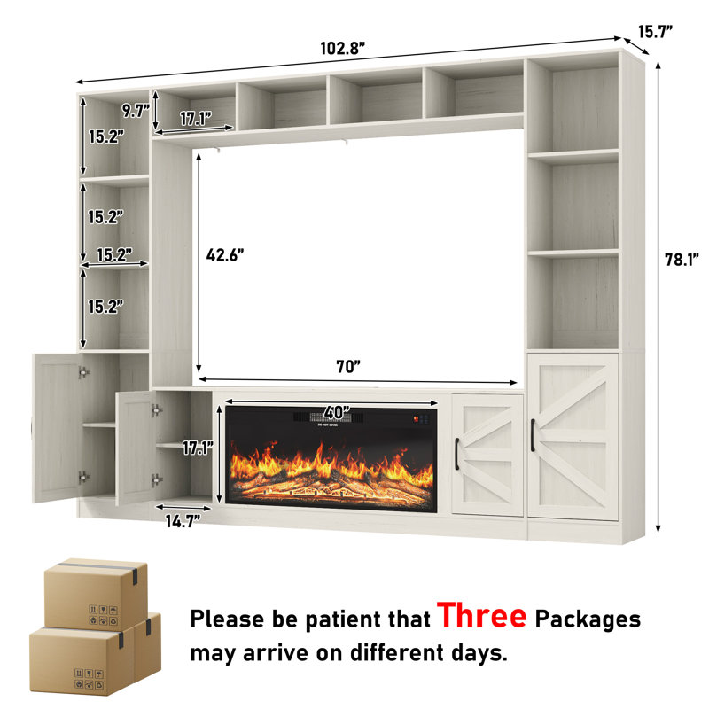 103" Entertainment Center/TV Stand With Electric Fireplace For Tvs Up To 80" With Charging Station, Barn Door Cabinets, And Bookcase