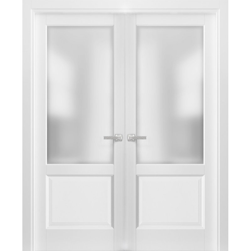 Portes blanches standard en verre dépoli Lucia avec trousse de quincaillerie d'installation, 64 po x 80 po