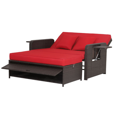 Ensemble de canapé-lit en rotin avec repose-pieds et plateau latéral escamotable en osier