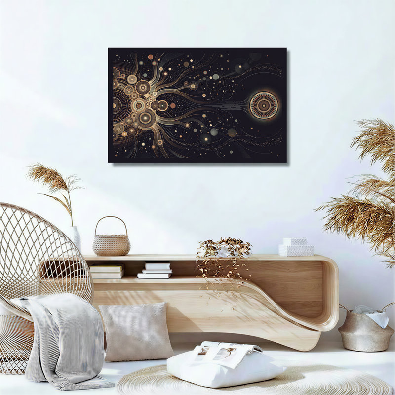 Toile abstraite, cercles abstraits dorés et bronze, H 16 po x l 24 po