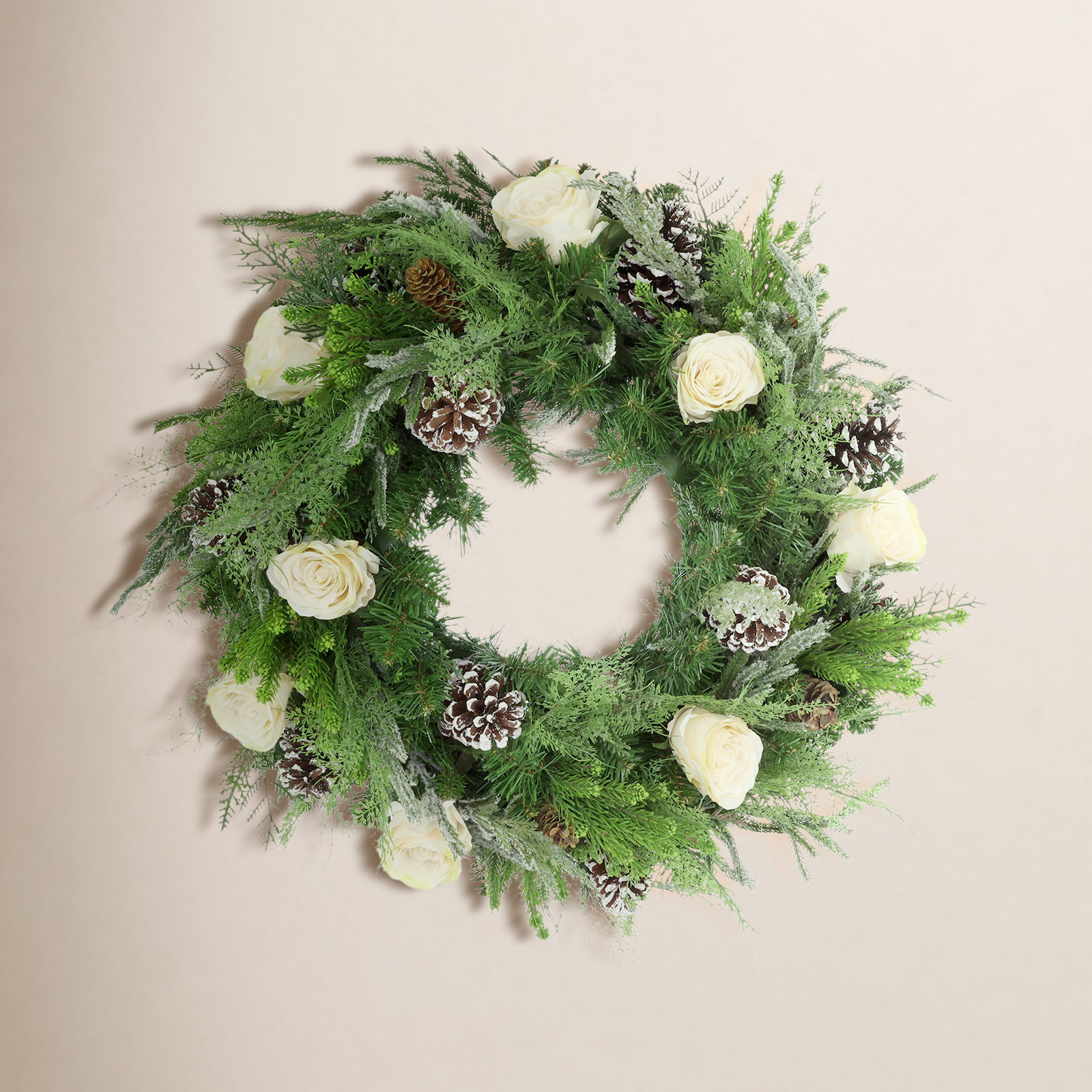 27'' Evergreen Wreath Arranged with Rose, Fern and Pinecone