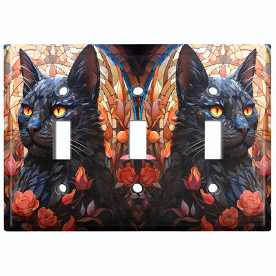 Metal Light Switch Plate Outlet Cover (Halloween Spooky Black Cat Autumn - Triple Toggle)