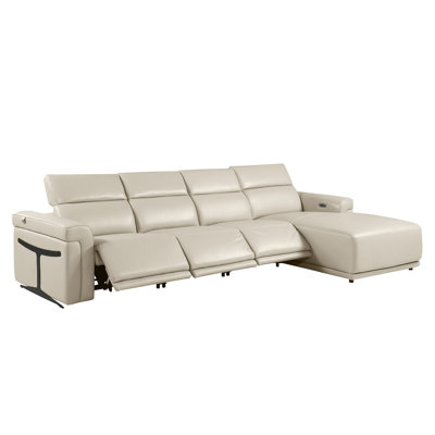 Beige Right-Facing 4-Piece L-Shaped Sectional In Top-Grain Italian Leather With 3 Power Recliner & Adjustable Headrests