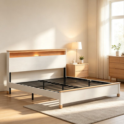 Lit de ferme rustique blanc King Size – Combine une tête de lit de rangement fonctionnelle et un système de chargement intégré, avec un processus d'assemblage simple et une utilisation quotidienne pratique.