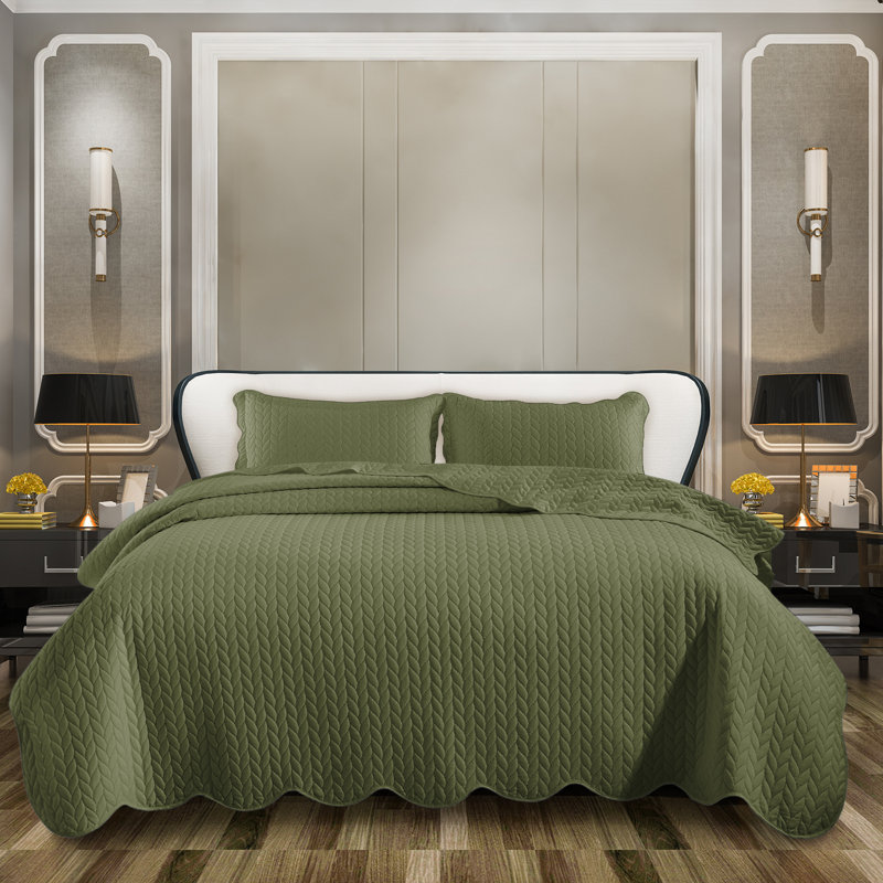 Microfiber Embossed Oversized Modern & Contemporary Bedspread Set With Shams, Twin Bedspread + 1 Pillowcase, Olive Green