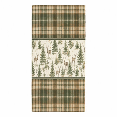 1 serviette de plage à imprimé forêt de cerf Woodland, avec bordures à carreaux classiques et arbres fantaisistes, microfibre douce, idéale pour la piscine, le voyage, unisexe