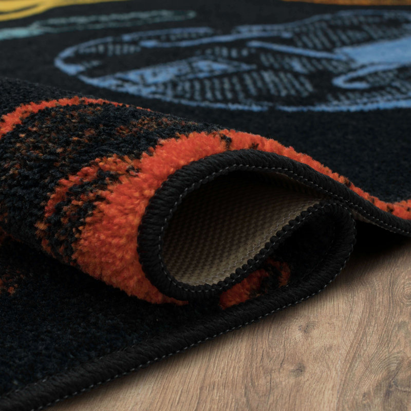 Tapis orange / jaune / bleu en polyester fabriqué à la machine Deago, Rectangle 3 pi 4 po x 5 pi