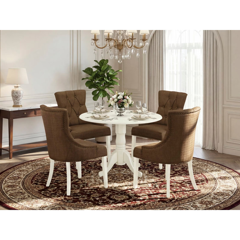 5 Piece Kitchen Table Set for 4 Includes a Round Dining Room Table with Dropleaf and 4 Dark Coffee Linen Fabric Upholstered Chairs, Linen White