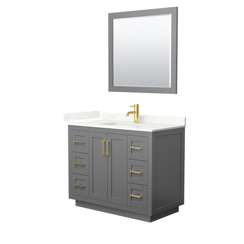 Miranda 42" Freestanding Single Bathroom Vanity with Quartz Top with 34" Mirror, Giotto Quartz, Dark Gray, Brushed Gold