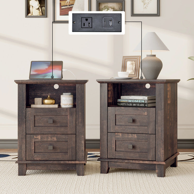 Hutchison Nightstand With Charging Station, Farmhouse Side Table With 2 Tiers Storage Drawer And 1 Open Wood Cubby For Bedroom, Office, Barnwood