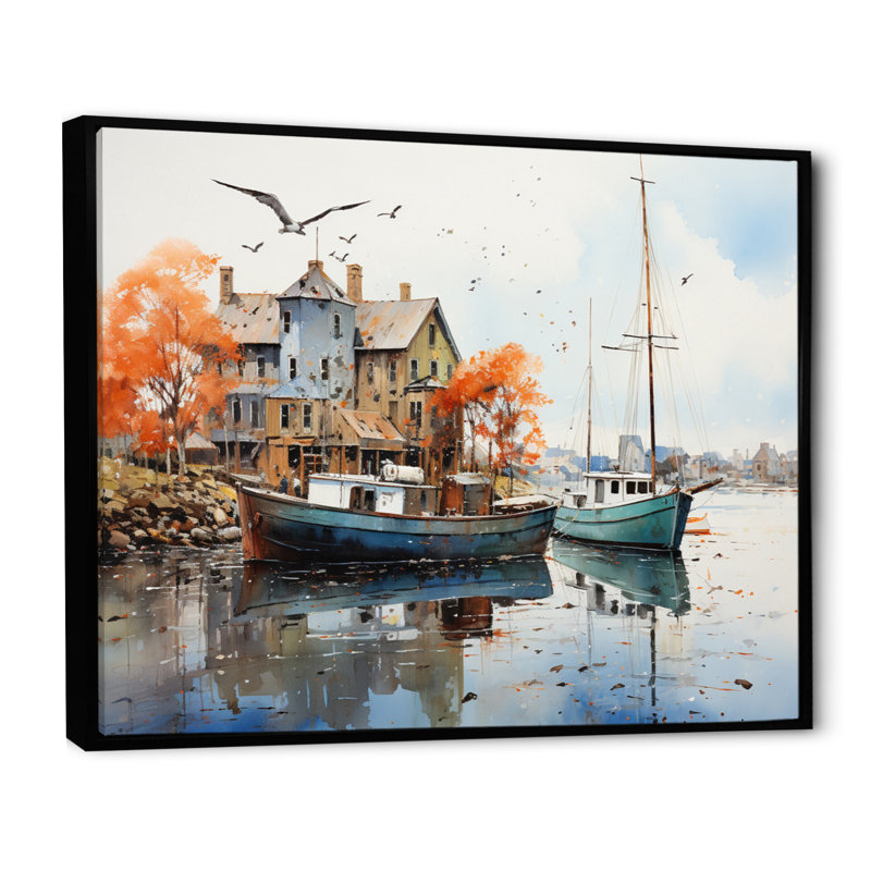 Port Portside Reflection Pointillism II - Nautical & Beach Canvas Art Print, H 24 po x l 32 po x P 1 po, Cadre flottant noir