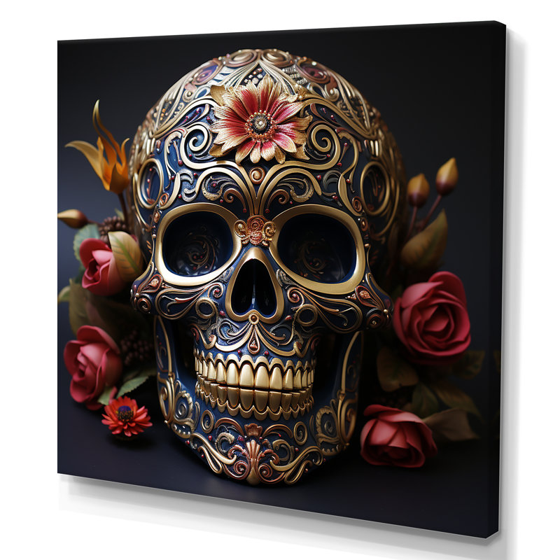 Art floral crâne mexicain doré II - art mural crâne pour le salon, Toile tendue, H 16 po x l 16 po x P 1 po