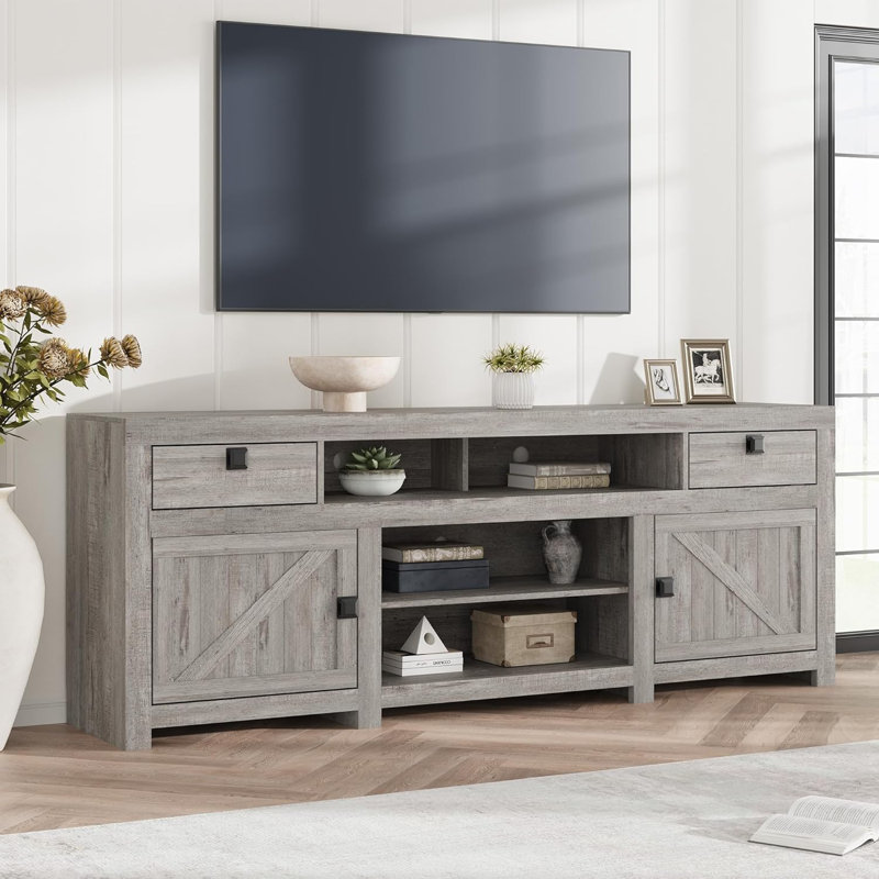 Farmhouse TV Stand for 65" TVs, 25" Tall with 2 Drawers & Cabinets, Gray
