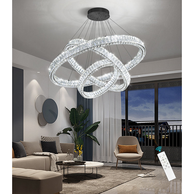 Large Dimmable Chandelier Led Crystal Rings, Matte Black, 78" H x 31.4" W x 31.4" D