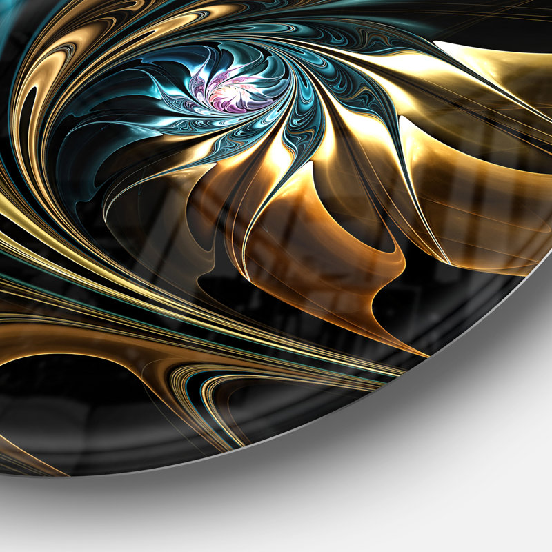 Fleur noire dorée moderne - art mural fleur fractale, impression avec fleur noire, H 23 po x l 23 po x P 1 po, Métal