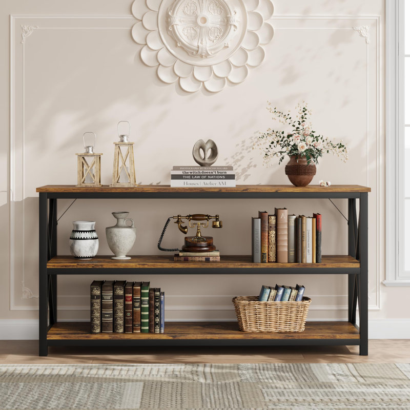 Rustic Brown 3-Tier Console Table, 55.1" x 13.4" x 30" Entryway Table with Open Shelves for Entry Area, Hallway, Kitchen or Bedroom