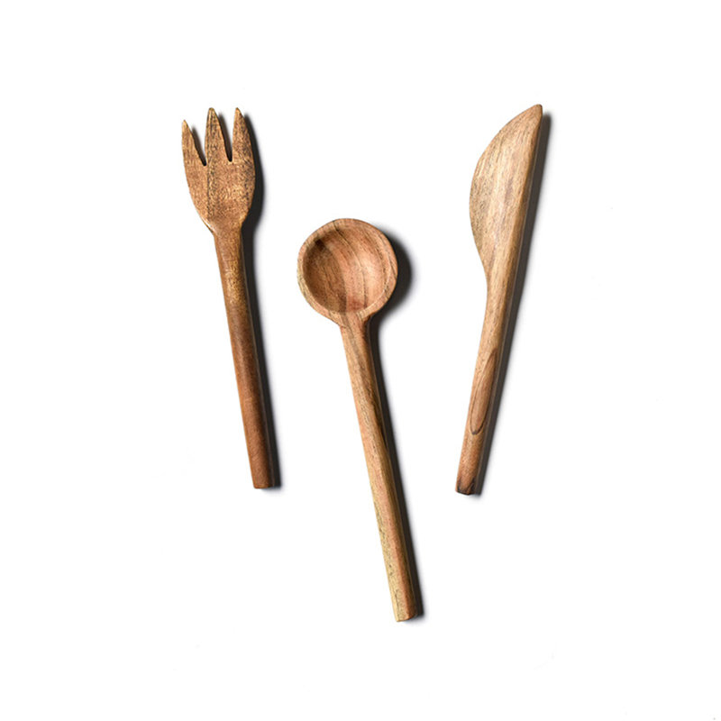 Ensemble d'ustensiles de base en bois 3 pièces, Brun