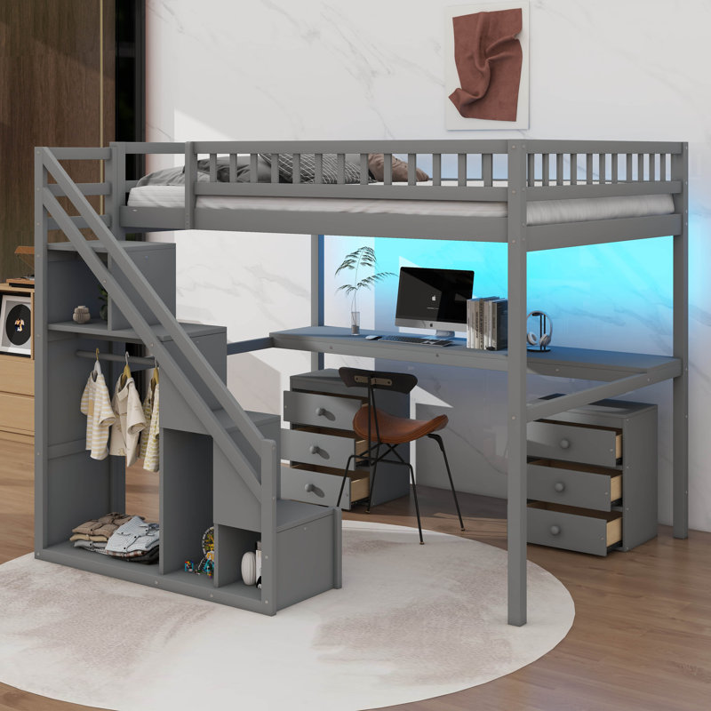 Lit mezzanine amélioré avec bureau et barre lumineuse illuminée, Double, Gris