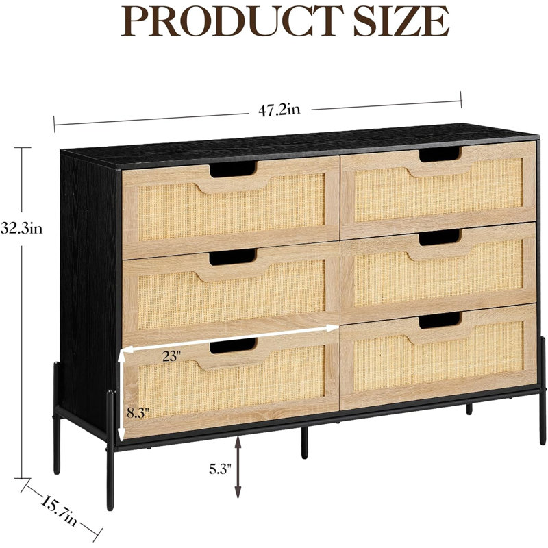 Commode en chêne et cannelure noire - 6 tiroirs, anti-basculement, rotin et bois, prête pour le bureau, Noir