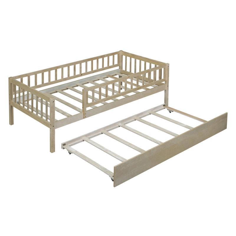 Wood Daybed With Trundle And Fence Guardrails, Natural, Twin