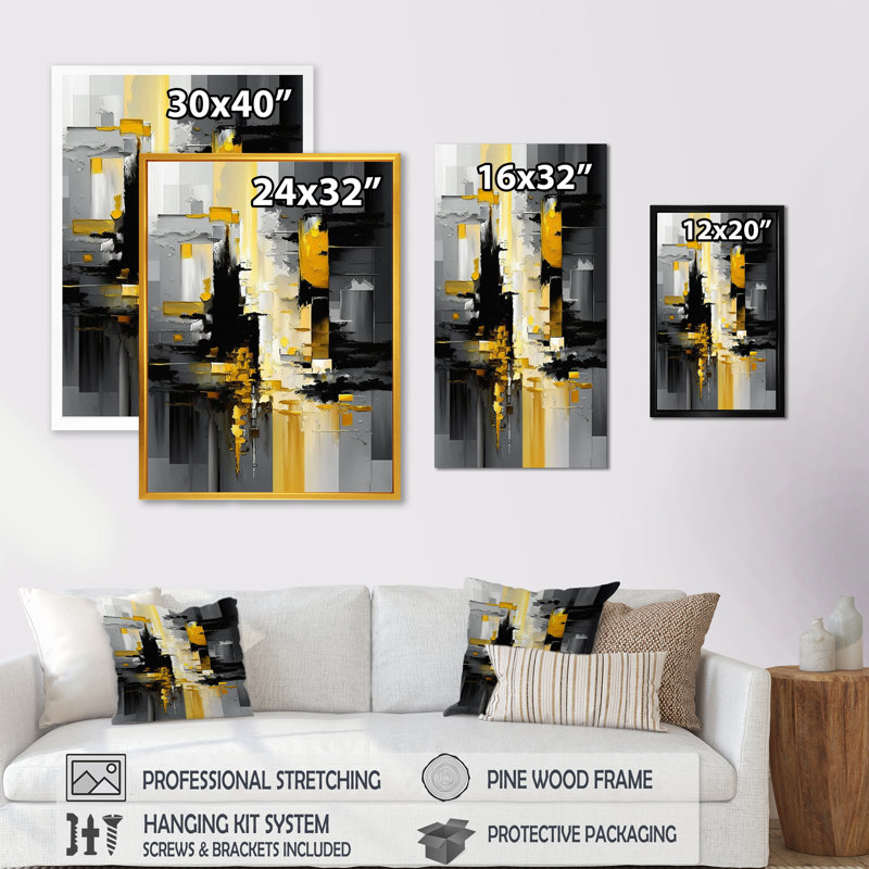 Abstrait géométrique noir et jaune V - Art mural abstrait géométrique, H 32 po x l 16 po x P 1 po, Toile tendue