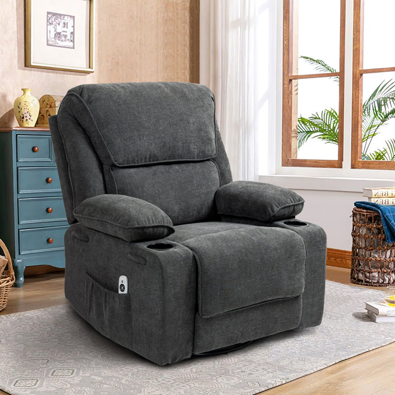 96 CM Modern Heated Massage Chair Swivel Rocker Recliner with Cup Holders, Dark Grey