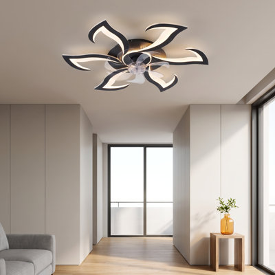 32" Modern Flower Flush Mount Ceiling Fan with LED Light and Remote Control (Black)