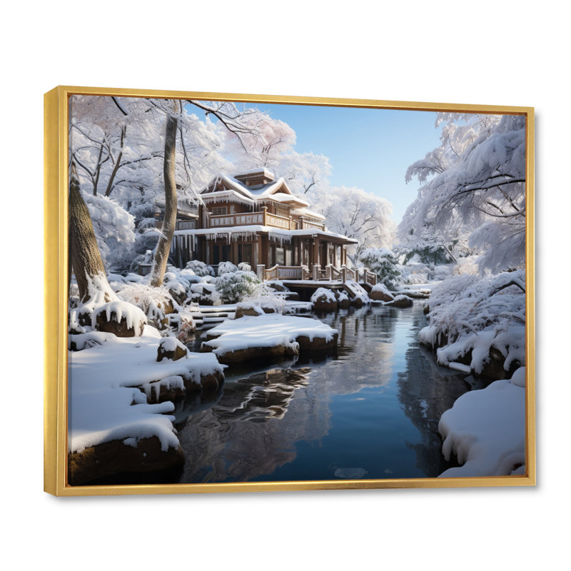 Japon Art Snowy Hot Bath III - Japan Art Wall Decor, H 24 po x l 32 po x P 1 po, Cadre flottant doré