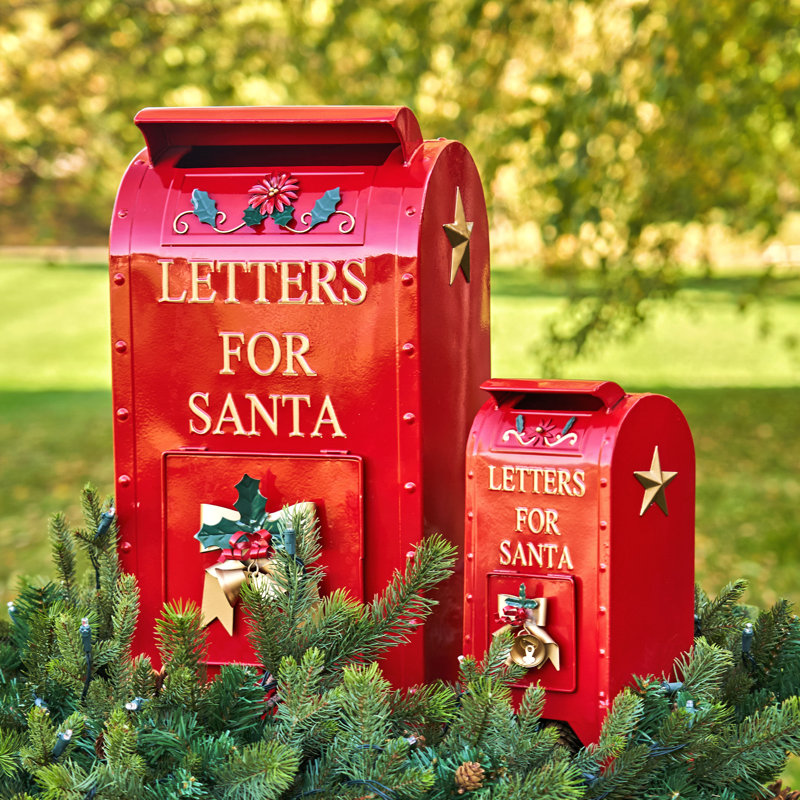 Set of 2 Glossy Red Iron Christmas Mailboxes with Gold Details