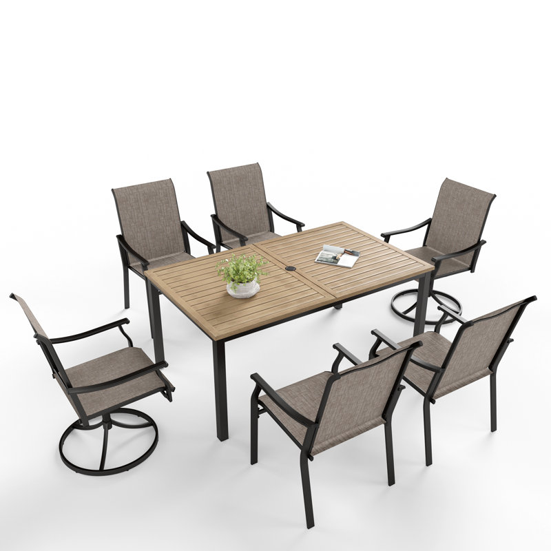 6-Seat Rectangle Outdoor Patio Dining Set Wood-Like Metal Table With Swivel Chairs