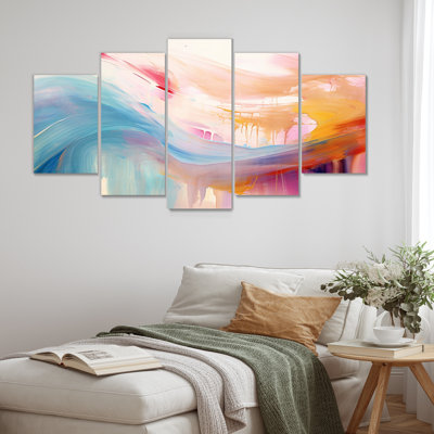 «Vibrant Waves Miami Sunset II - Abstract Modern Waves», art mural 5 pièces