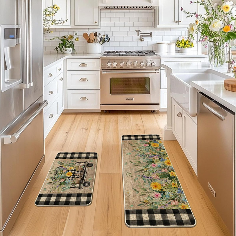 Kitchen Rugs - Multicolor, Truck & Flowers, Spring & Summer Floor Mats, Set Of 2