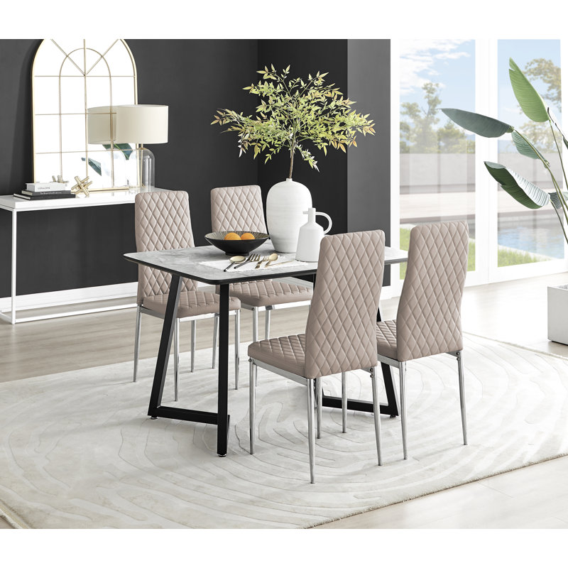 Industrial Design White & Grey Marble Effect Melamine Dining Table Set with 4 Faux Leather Chairs, Cappuccino/Silver
