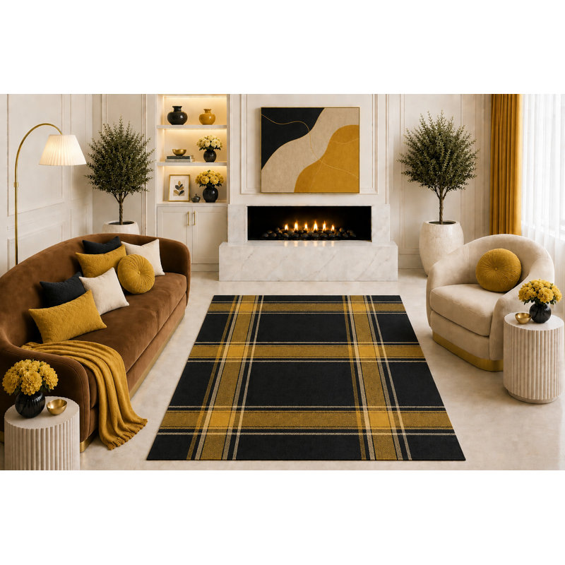 Tapis ultra-léger 152 x 213 cm à carreaux noirs et dorés, motif tartan géométrique moderne, idéal pour le salon, la chambre à coucher, le bureau et la décoration intérieure. Dos en silicone antidérapant, poils courts.