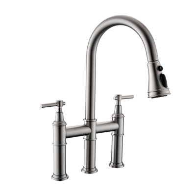 3 Hole Brushed Nickel Kitchen Faucet, Pull Down , 2 Handles, Classic And Modern Blend Faucet For Sink, Handle,