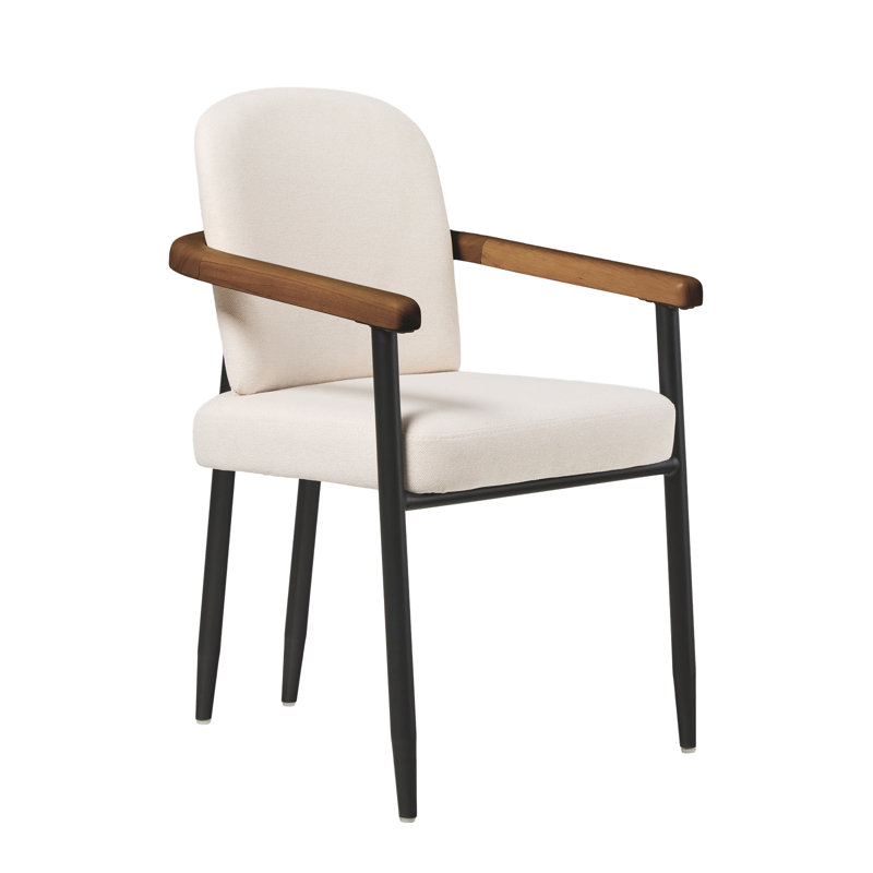 Aleric Modern Curved Wood and Black Metal Upholstered Dining Chair, Dark Brown Oak