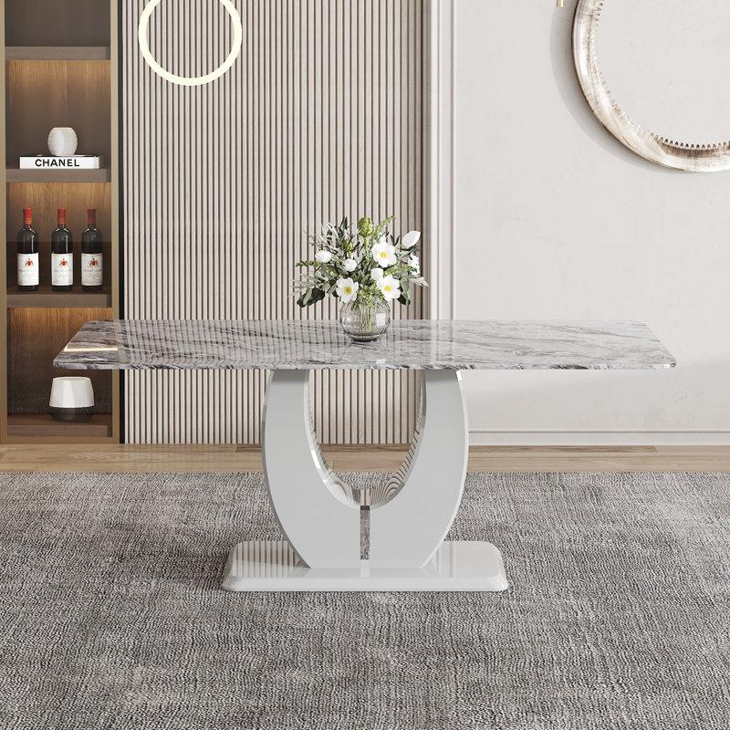 Rectangular Dining Table, Modern Table with U-Shaped Base, Light Gray Marble, 30"H x 71"L x 35.4"W