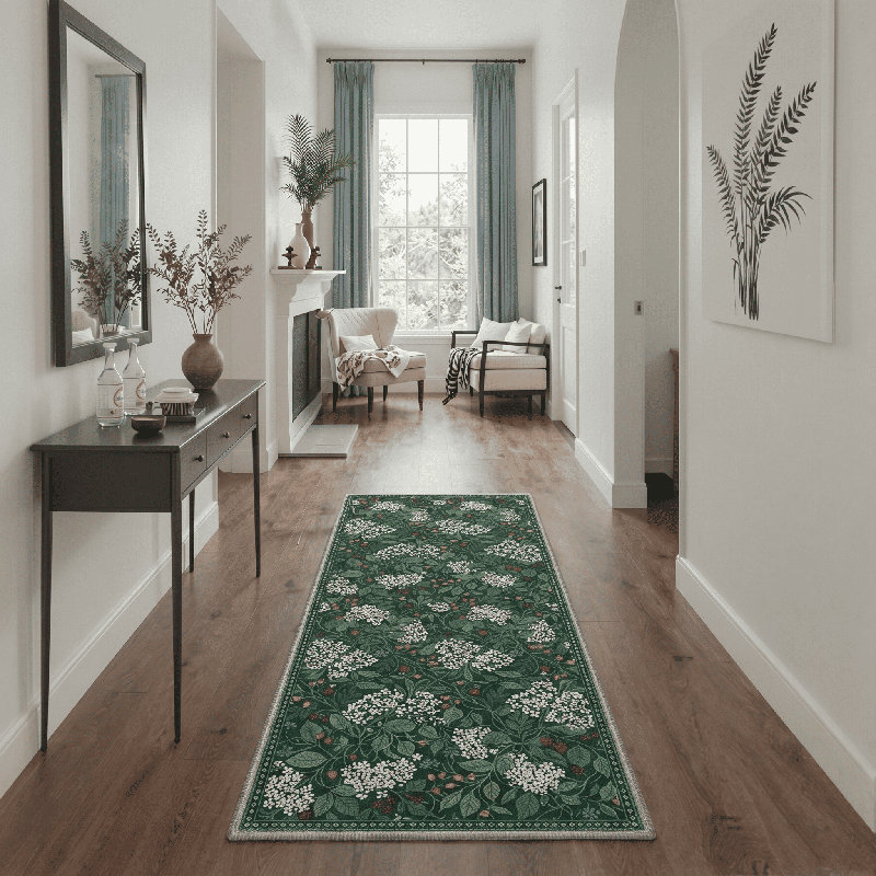 Allendale Novara Floral Modern Machine Washable Green / White Indoor Area Rug with Non-Slip Backing, Runner 2' x 7'