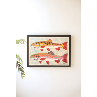  Wood Framed Canvas Painting Two Fish Decorative Wall Accent For Beach House Natural Finish